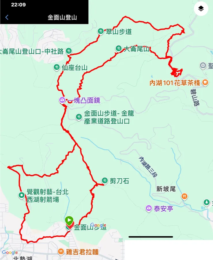 今天走了15公里,從內湖走到外雙溪再回金面山,繞了一個8字形