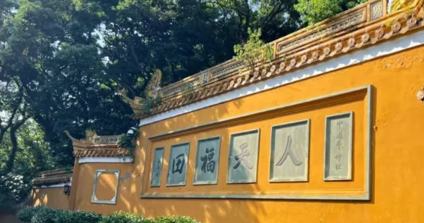 洛迦山牆面上刻著「人天福田」字樣,周圍被翠綠的樹木環繞,顯示出這座寺廟的寧靜氛圍。