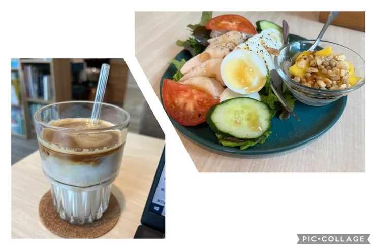 焦糖海鹽拿鐵、雞肉沙拉。