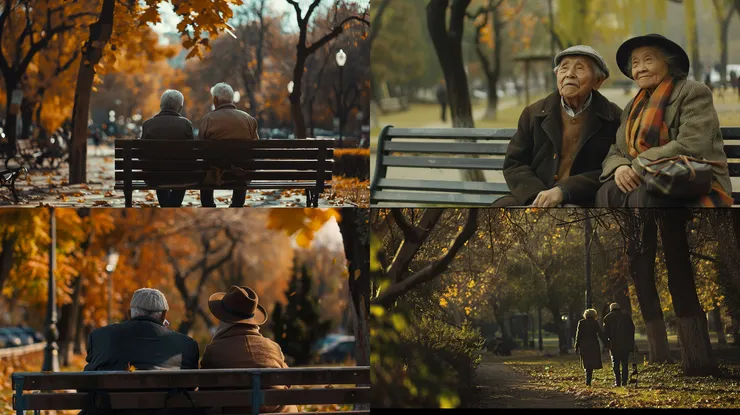 an old couple, in the park, long shot, --ar 16:9