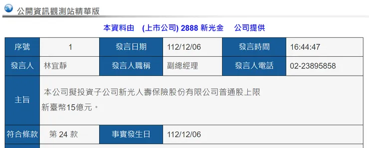 資料來源：公開資訊觀測站；新光金公告增資新光人壽訊息