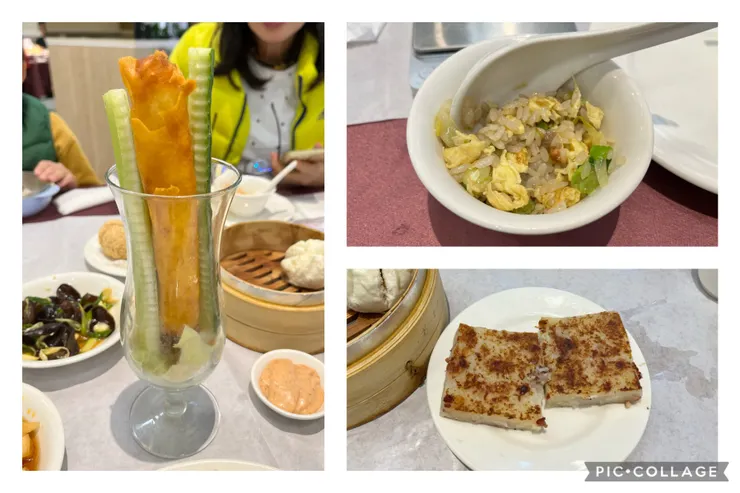 左炸蝦捲，右蝦仁炒飯、蘿蔔糕。