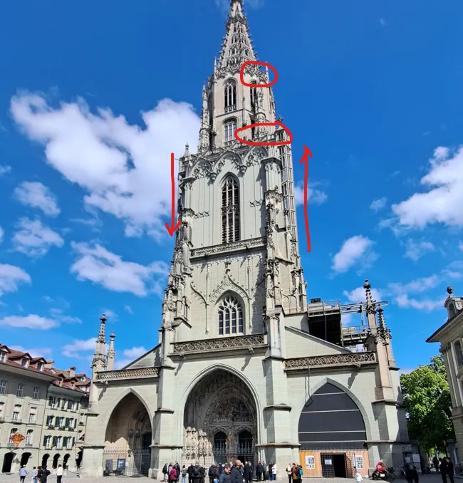 伯爾尼大教堂 登頂處攻略 紅圈有兩層平台處可看..樓梯右上左下,登頂票價5CHF 台幣約180