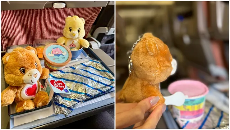 網友興奮地拿出自己珍藏的彩虹熊，在機艙內拍照打卡，許多熊粉都很期待聯名商品。圖/讀者提供、葉佳欣後製