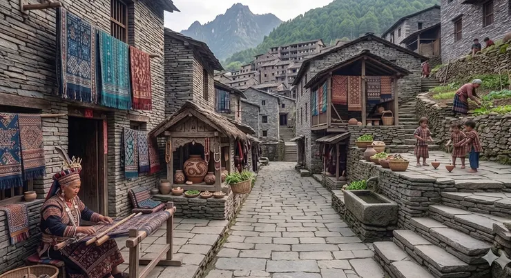 正在織布的老婦人及旁邊的阿立祖神龕