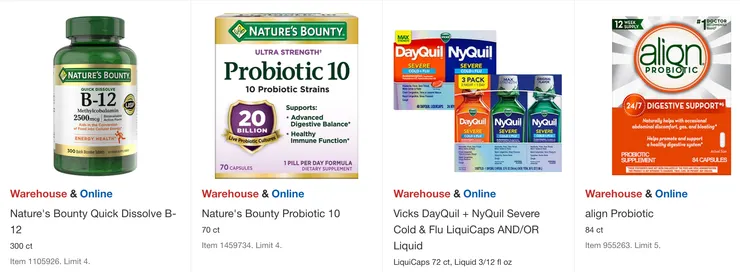 B-12 $19.99,益生菌 $24.99,DayQuil 感冒膠囊$21.99、糖漿$24.99,align益生菌$43.99。