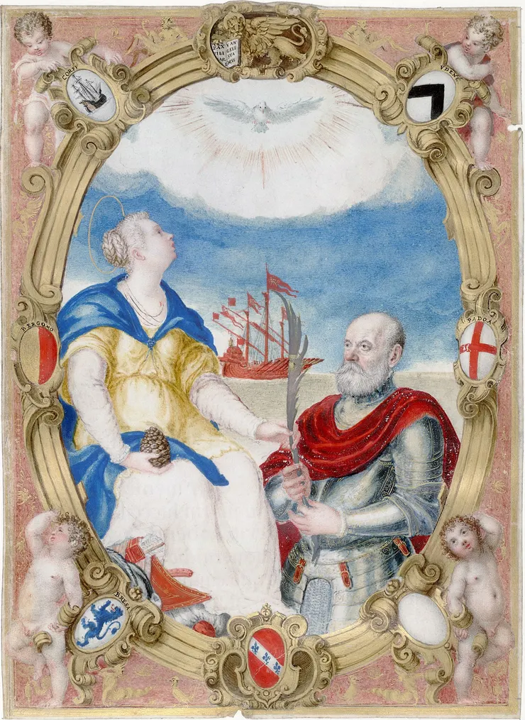 威尼斯海軍上將Francesco Duodo接過一片棕櫚葉,背景是他指揮的加萊賽戰船