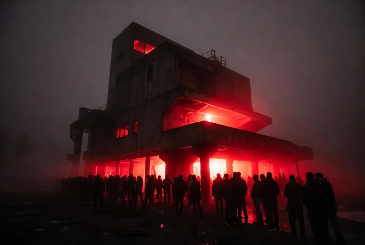 混凝土牆內的聲波，次文化在裂縫中生長： 巨大的粗獷主義建築（像 Berghain），陰沈的霧氣，門口排著長隊，紅色的燈光從建築縫隙中透出，充滿神秘感。