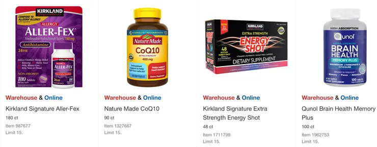 Kirkland 抗過敏藥 $27.49、Nature Made Q10 $36.99、Kirkland 能量飲料 $36.99、Qunol 增強記憶力保健品 $42.99。