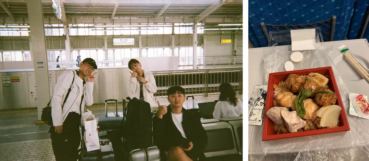 左圖是在等新幹線時拍的照片，是這次一起來的學長姐們！右圖是很好吃的冷便當，只要 ¥440。