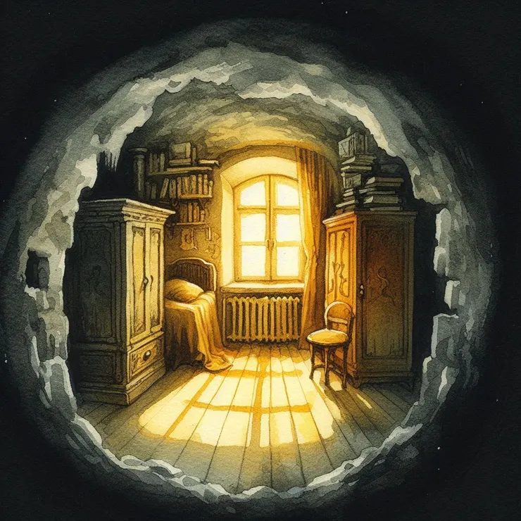 一間狹小得令人窒息的屋子，牆壁已然泛黃，好似承載著無盡歲月的滄桑與悲涼