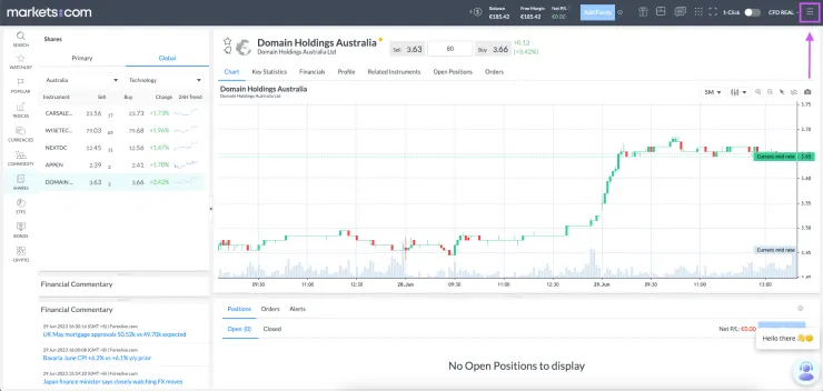 Click drop down menu at markets.com