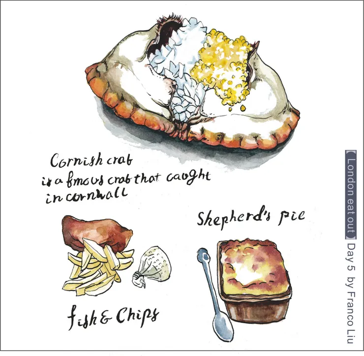 除了炸魚薯條、牧羊人派等傳統英式料理之外，還吃到了康瓦爾蟹