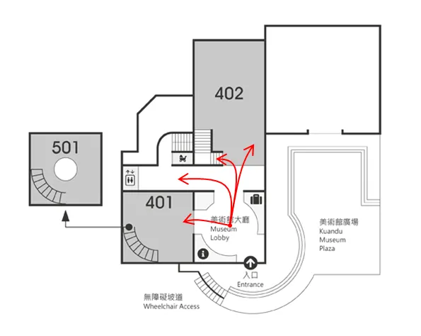 入口大廳動線不明，至少有4個可能的動線。圖片來源：關渡美術館官方網站；繪製：UX.Debugger。