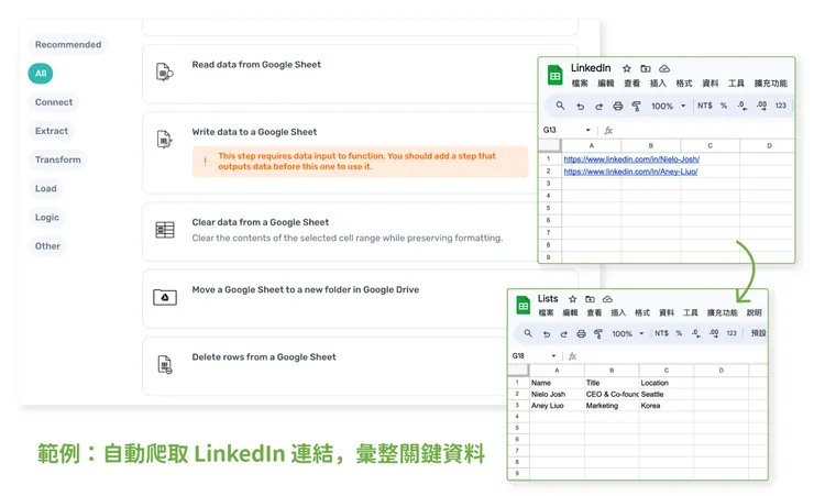 axiom.ai 無縫整合 Google Sheets 示意