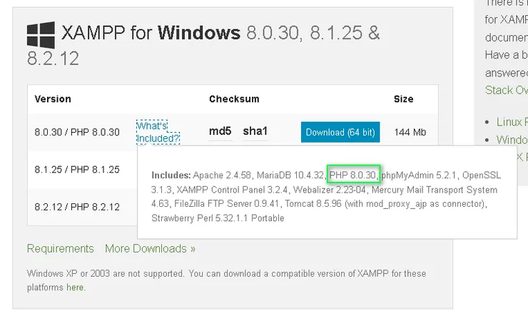 xampp 版本號碼區分
