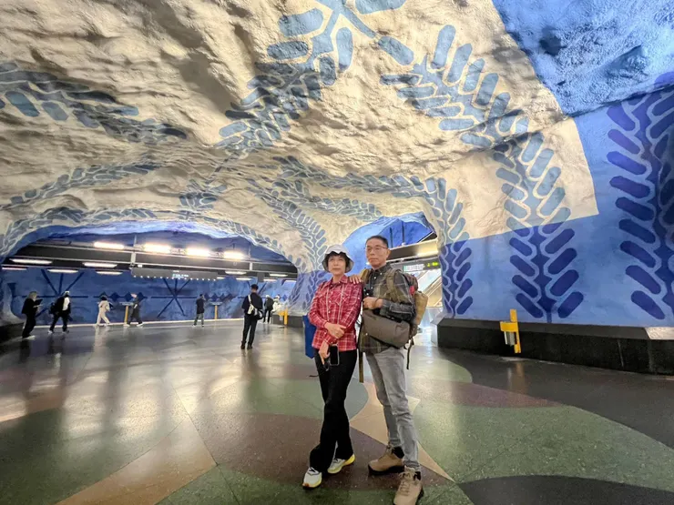 中央站優雅的藍色藤蔓和花朵沿洞穴般的牆壁攀延