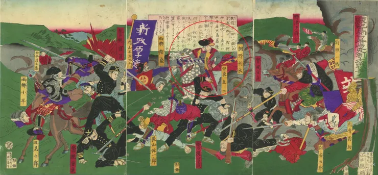 山本龍洞「鹿児島暴徒九州大戦争」，明治10年４月。生住昌大所藏。-西南戦争錦絵，ikizumi-lab.com。