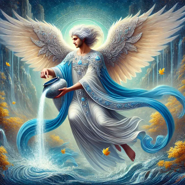 他是與古波斯傳說中十月相關的天使。畫面呈現出他身披藍銀色流動的長袍，象徵水與秋季。他的翅膀如同寧靜河面的光輝，手持盛滿神聖水流的容器，背景為一片帶有流動溪流與金色秋葉的神秘波斯景觀，展現豐饒與寧靜的氛圍