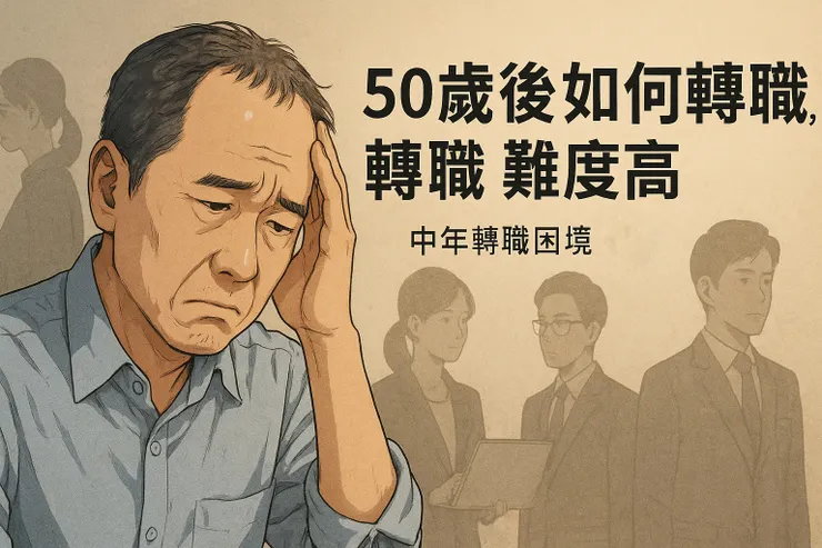 一位中年人坐在筆電前查AI課程，臉上困惑疲憊