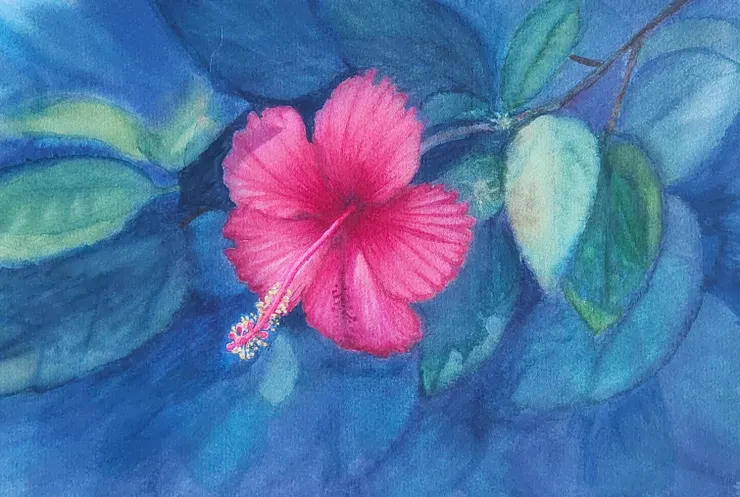 扶桑之一，水彩，8開。老師講評說背景可模糊些，別看到甚麼都畫得那麼清楚，以致於失去焦點，於是又畫了一張。