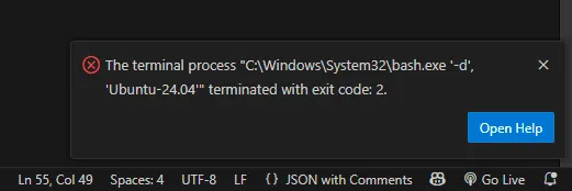 ⚠️ VS Code 嘗試以 bash.exe -d Ubuntu-24.04 啟動 WSL 終端機時失敗，顯示錯誤訊息「exit code: 2」