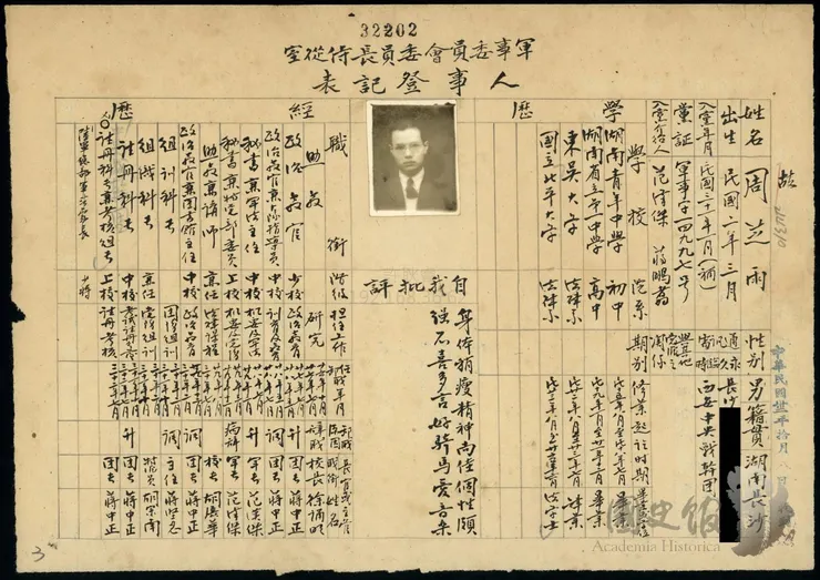 周芝雨將軍人事履歷。台灣的那些雞毛蒜皮 取自國史館
