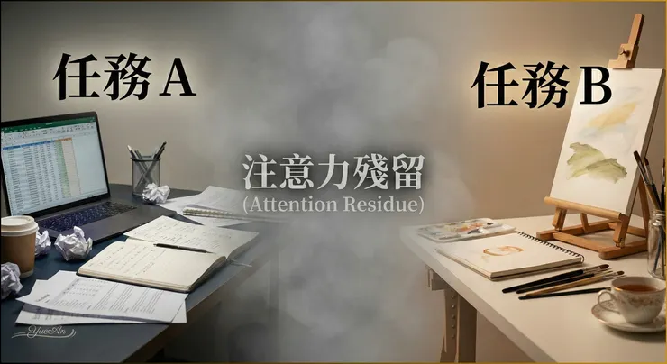 看不見的大腦迷霧:這就是為什麼當你從「回訊息(任務A)」切換到「寫企劃(任務B)」時,腦袋會卡住的原因——你的注意力還殘留在上一項任務裡。