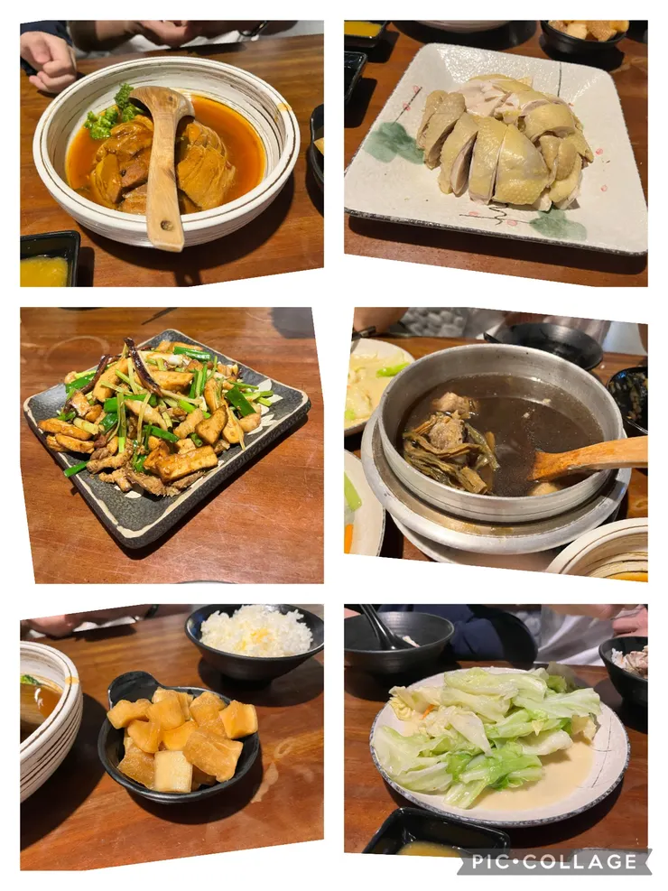 左梅干扣肉、客家小炒、醃蘿蔔;右白斬雞、長豆乾排骨湯、腐乳高麗菜,還有一盤油菜沒拍到。