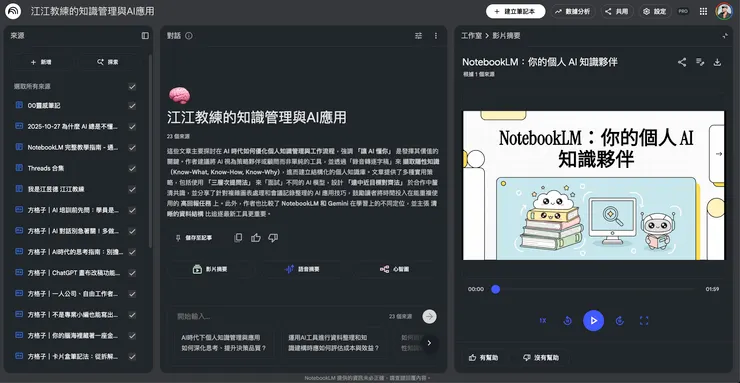 像這個就是我知識管理群組的 NotebookLM，我寫的知識管理文章、AI應用範例，跟大家的談話內容都可匯入。