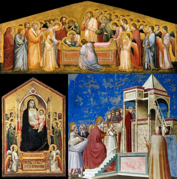 喬托畫作，上-聖母之死，下左-寶座上的聖母，下右-瑪麗亞·阿爾·坦皮奧的表演