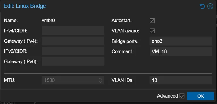 編輯 vmbr0 的視窗，"VLAN aware" 的核取方塊被勾選