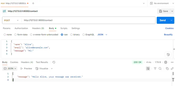 Postman呼叫http://127.0.0.1:8000/contact