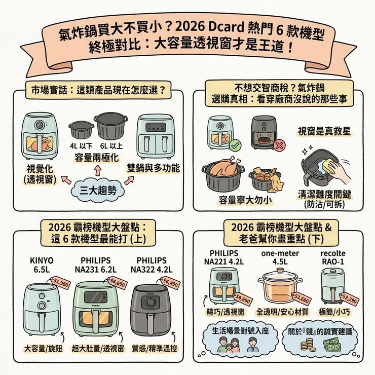 氣炸鍋買大不買小？2026 Dcard 熱門 6 款機型終極對比：大容量透視窗才是王道！