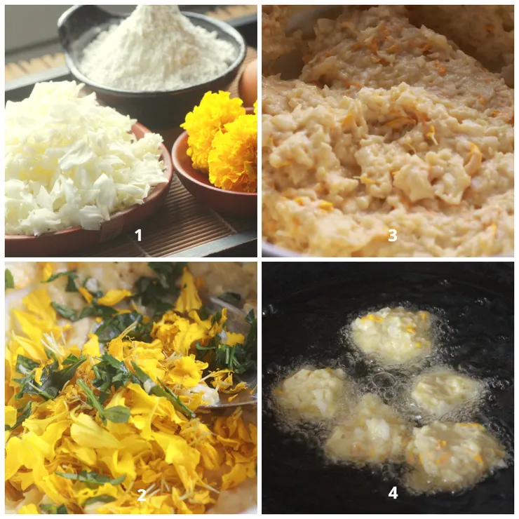 將萬壽菊做成菜丸子，酥炸後趁熱食用，頗為鮮香宜人！