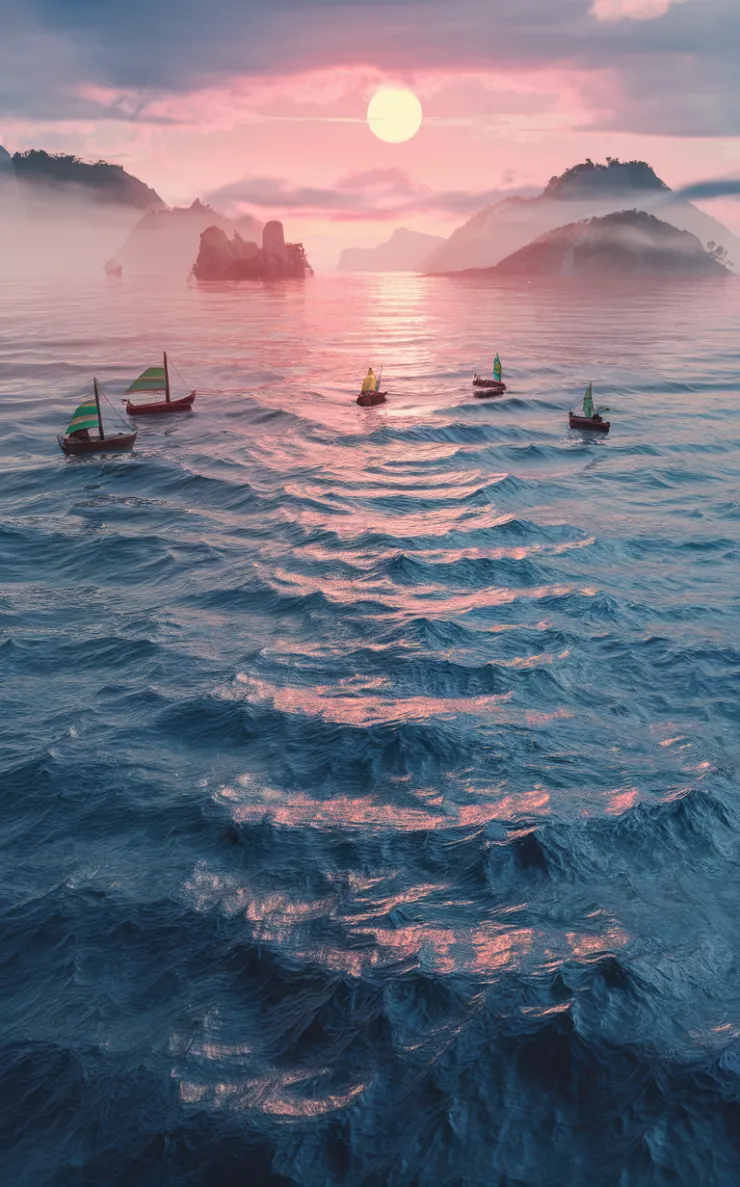 A stunning 3D render of the Aegean Sea at dawn, capturing the perfect blend of vibrant blue and pink hues. The gentle waves ripple in the foreground, reflecting the warm, golden light of the rising sun. A scattering of small fishing boats with colorful sails dot the vast expanse, bringing a sense of activity and life to the scene. In the distance, mist-shrouded islands loom, their mysterious forms tantalizingly out of reach. This captivating image evokes a sense of adventure, intrigue, and the allure of the unknown., 3d render