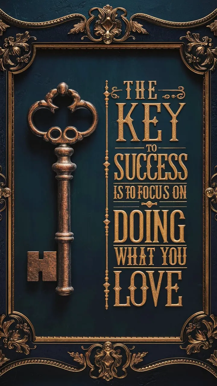 A captivating vintage-inspired artwork featuring an antique key as the central symbol, surrounded by rich, dark colors and intricate detailing. The frame is adorned with ornate embellishments, adding to the overall elegance of the piece. To the right of the key, the motivational quote "The key to success is to focus on doing what you love" is expertly crafted using stunning typography. The typography is reminiscent of a cinematic title sequence, further enhancing the timeless and wise aesthetic. The artwork inspires and encourages viewers to dedicate themselves to their passions and pursue success with unwavering determination., cinematic, typography, photo