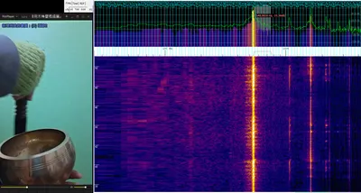 用木棒(裹著軟布)摩擦著銅製的頌缽