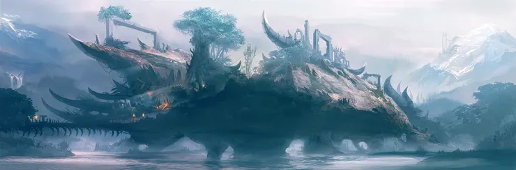 一個佇立在湖面上奇特的島嶼，島上有著古代遺跡和巨大的森林，島下方沒有緊貼著湖面，而是由不同石柱支撐著，看起來就是生物的四肢，從遠方望過去，更像是某種巨型的犀牛生物，站在湖面上那樣。