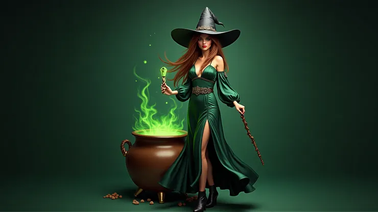 Enchanted Witch: Emerald green slit dress, black pointed hat, crystal wand, ankle boots( 魔法女巫:翡翠綠開叉長裙、黑色尖頂帽、水晶魔杖、短靴 )