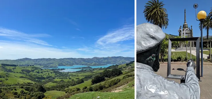 左圖：前往Akaroa路上的觀景處；右圖：Peninsula War Memorial