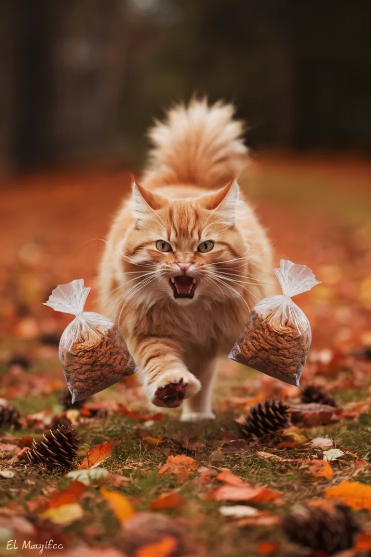 A very fluffy, ginger cat is sprinting towards the camera with a determined, mischievous expression. Its mouth is open in a wide, excited pant, teeth bared, and eyes narrowed. The cat clutches two clear plastic bags filled with dry pet food, presumably treats, one in each paw. The setting appears to be a forest floor in autumn. The ground is covered in fallen leaves in warm shades of orange and brown, and a few pine cones are scattered around. The background is blurred, creating a sense of motion and emphasizing the cat's speed. The overall impression is of a playful, perhaps slightly greedy, cat who is very eager to enjoy its bounty, perfectly detailed, perfect Wide long shot visual masterpiece, hand signed by "El Magnifico" on the bottom right corner.