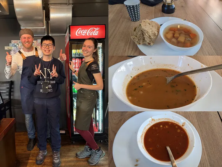 右邊由上到下分別是羊肉湯、魚湯、番茄湯，左邊則是兩位可愛老闆的合照