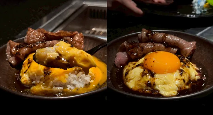 越光米蛋包飯搭配和牛壽喜，最後淋上黑松露醬