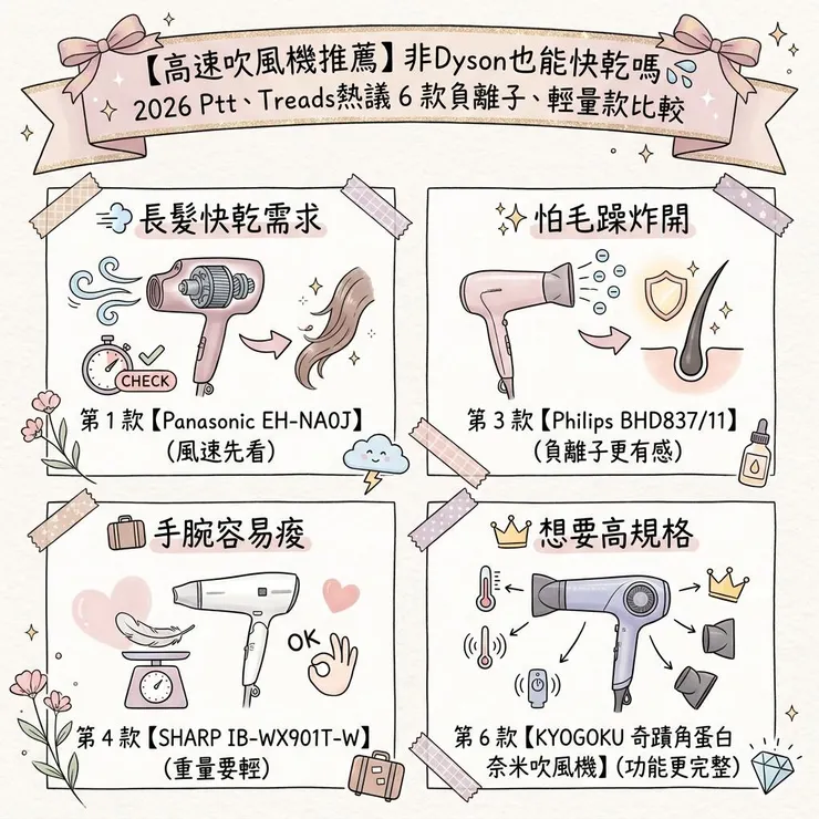 【高速吹風機推薦】非Dyson也能快乾嗎 🌬️ 2026 Ptt、Treads熱議 6 款負離子、輕量款比較
