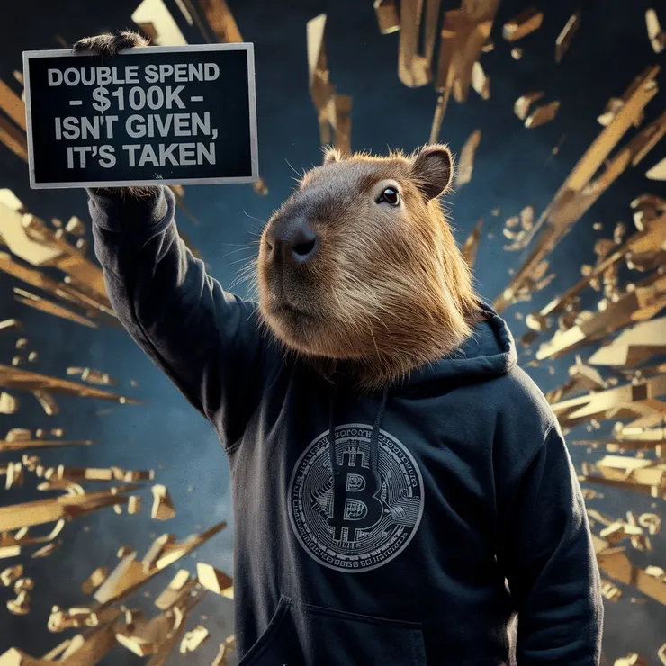 A cinematic medium shot of a capybara wearing a black hoodie with a Bitcoin logo. He is holding up a black and white sign that says "Double Spend - $100K isn't given, it's taken". The background is a chaotic scene of swirling golden fragments. The lighting is dramatic