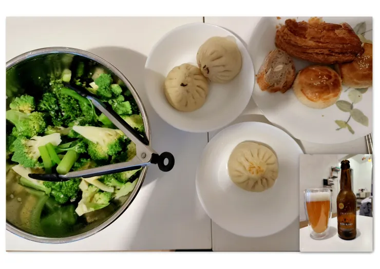 【三人一狗遊憩開伙添熱鬧溫馨！晚餐展示今天部份採買成果，不過那些超級好吃的葷、素包子是怡青朋友做的，特地保留來招待我們。】