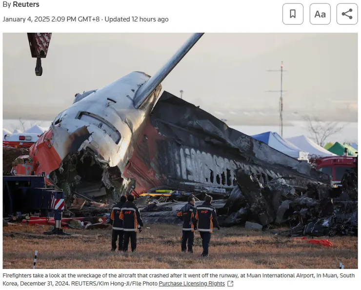 圖片及文章出處https://www.reuters.com/world/asia-pacific/south-korea-compile-transcript-voice-recording-crashed-plane-saturday-2025-01-04/