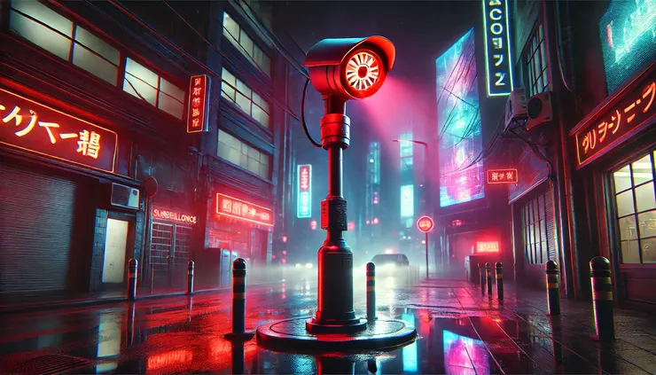 街角巡檢桿的紅光掃過潮濕的路面。