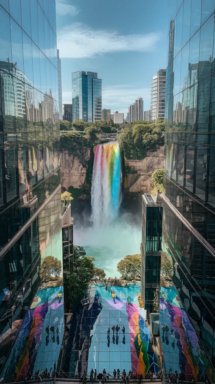 A panoramic view of a city of glass buildings with a rainbow-colored waterfall cascading down into it. The waterfall is surrounded by lush greenery. The glass buildings reflect and refract the light, creating vibrant patterns on the ground. People are walking on the glass streets, and their reflections can be seen in the buildings. The sky is clear, with a few clouds.